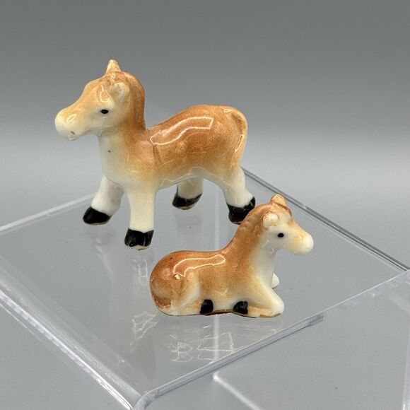Vtg Glazed Miniature Horse Foal Set Unmarked Porcelain Bone China Ceramic 2" - Picture 1 of 6